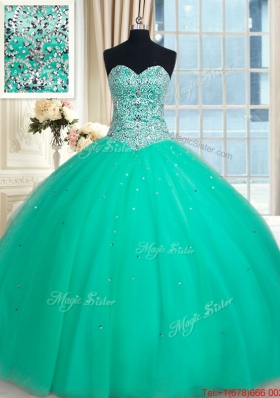 Pretty Big Puffy Sweetheart Beaded Bodice Turquoise Quinceanera Dress in Tulle