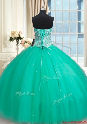 Pretty Big Puffy Sweetheart Beaded Bodice Turquoise Quinceanera Dress in Tulle