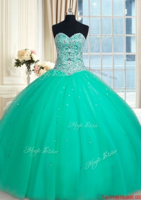 Pretty Big Puffy Sweetheart Beaded Bodice Turquoise Quinceanera Dress in Tulle