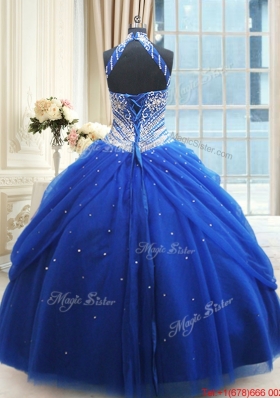 Top Seller Beaded Decorated Halter Top Royal Blue Quinceanera Dress in Tulle