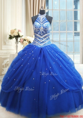 Top Seller Beaded Decorated Halter Top Royal Blue Quinceanera Dress in Tulle