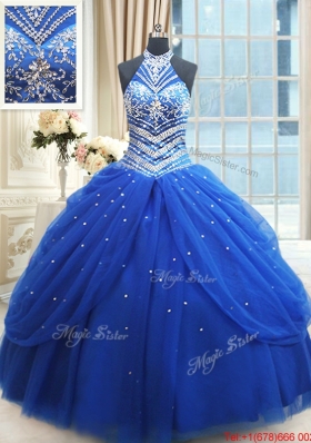 Top Seller Beaded Decorated Halter Top Royal Blue Quinceanera Dress in Tulle