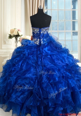 Unique Royal Blue Sweetheart Organza Quinceanera Dress with Ruffles and Beading