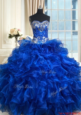 Unique Royal Blue Sweetheart Organza Quinceanera Dress with Ruffles and Beading