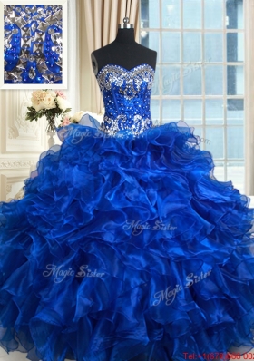 Unique Royal Blue Sweetheart Organza Quinceanera Dress with Ruffles and Beading