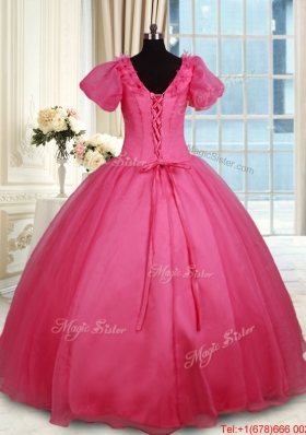 Unique V Neck Short Sleeves Beaded Organza Quinceanera Dress in Coral Red