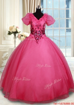 Unique V Neck Short Sleeves Beaded Organza Quinceanera Dress in Coral Red