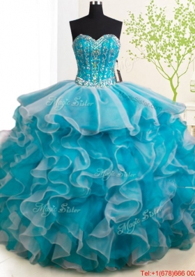 Best Selling Ruffled and Beaded Teal and White Detachable Quinceanera Dresses with Brush Train