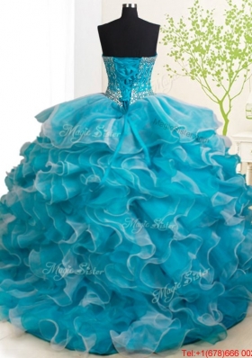 Best Selling Ruffled and Beaded Teal and White Detachable Quinceanera Dresses with Brush Train