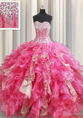 Best Selling Visible Boning Ruffled Hot Pink Quinceanera Dress in Organza and Sequins