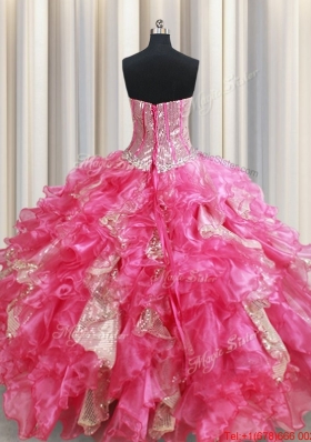 Best Selling Visible Boning Ruffled Hot Pink Quinceanera Dress in Organza and Sequins