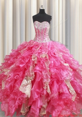 Best Selling Visible Boning Ruffled Hot Pink Quinceanera Dress in Organza and Sequins