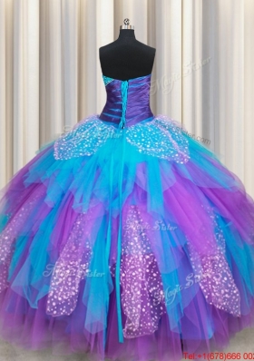 Elegant Beaded and Ruffled Rainbow Colored Quinceanera Dress in Tulle and Sequins