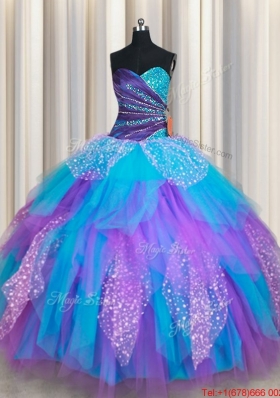 Elegant Beaded and Ruffled Rainbow Colored Quinceanera Dress in Tulle and Sequins