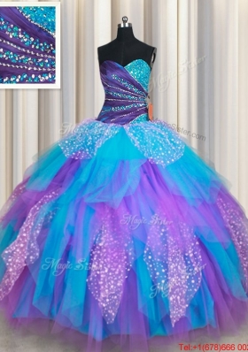 Elegant Beaded and Ruffled Rainbow Colored Quinceanera Dress in Tulle and Sequins