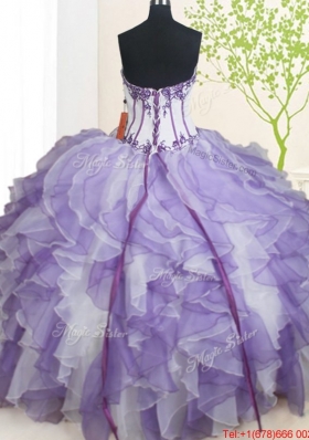 Luxurious Visible Boning Beaded and Ruffled Quinceanera Dress in White and Purple