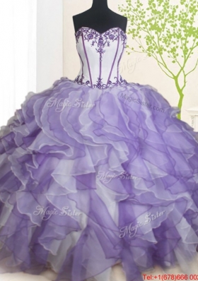 Luxurious Visible Boning Beaded and Ruffled Quinceanera Dress in White and Purple