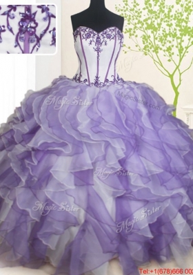 Luxurious Visible Boning Beaded and Ruffled Quinceanera Dress in White and Purple