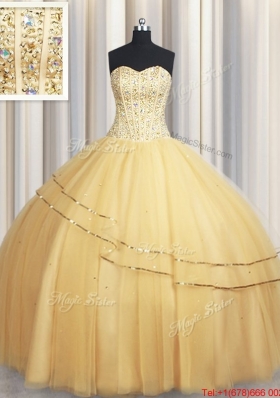 New Style Visible Boning Sequined and Beaded Bodice Tulle Quinceanera Dress in Gold