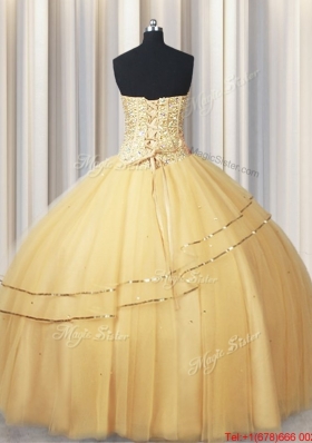 New Style Visible Boning Sequined and Beaded Bodice Tulle Quinceanera Dress in Gold