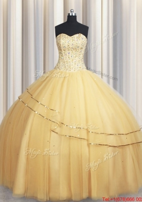 New Style Visible Boning Sequined and Beaded Bodice Tulle Quinceanera Dress in Gold