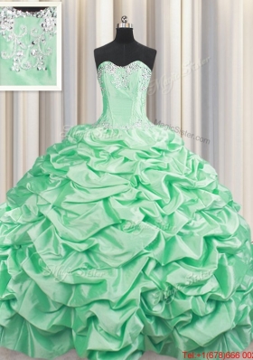 Popular Beaded and Bubble Taffeta Apple Green Quinceanera Dress with Brush Train