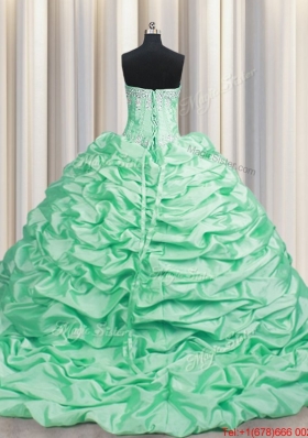 Popular Beaded and Bubble Taffeta Apple Green Quinceanera Dress with Brush Train