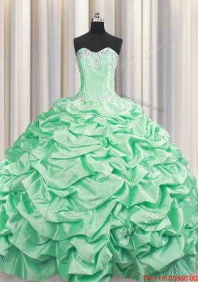 Popular Beaded and Bubble Taffeta Apple Green Quinceanera Dress with Brush Train