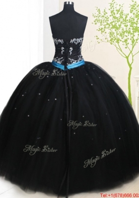 Pretty Puffy Skirt Strapless Beaded and Belted Tulle Quinceanera Dress in Black