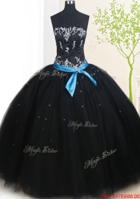 Pretty Puffy Skirt Strapless Beaded and Belted Tulle Quinceanera Dress in Black