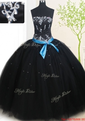 Pretty Puffy Skirt Strapless Beaded and Belted Tulle Quinceanera Dress in Black