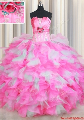 Strapless Handcrafted Flower Rose Pink and White Quinceanera Dress in Organza and Tulle