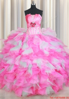 Strapless Handcrafted Flower Rose Pink and White Quinceanera Dress in Organza and Tulle