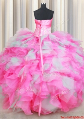 Strapless Handcrafted Flower Rose Pink and White Quinceanera Dress in Organza and Tulle