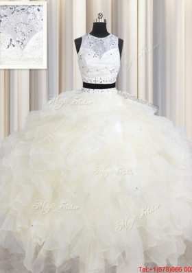 Two Piece See Through Scoop Champagne Quinceanera Dress with Beading and Ruffles