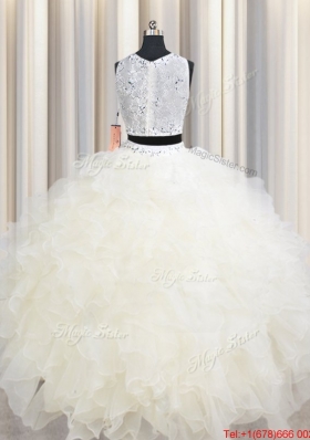 Two Piece See Through Scoop Champagne Quinceanera Dress with Beading and Ruffles