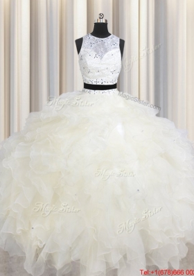 Two Piece See Through Scoop Champagne Quinceanera Dress with Beading and Ruffles