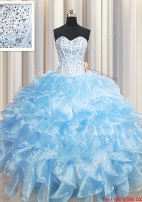 Unique Visible Boning Organza Beaded Bodice and Ruffled Light Blue Quinceanera Dress