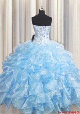 Unique Visible Boning Organza Beaded Bodice and Ruffled Light Blue Quinceanera Dress