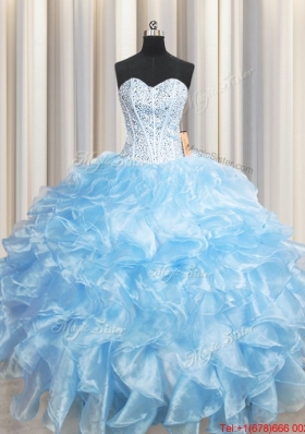 Unique Visible Boning Organza Beaded Bodice and Ruffled Light Blue Quinceanera Dress