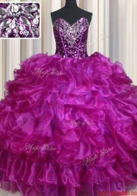 Visible Boning Beaded and Sequined Organza Purple Quinceanera Dress with Ruffles