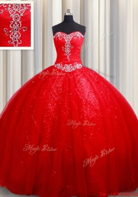 Latest Puffy Skirt Court Train Tulle and Sequins Quinceanera Dress in Red