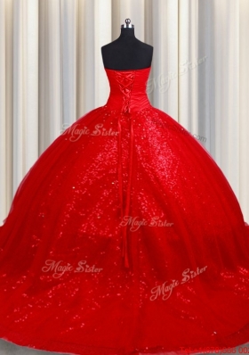 Latest Puffy Skirt Court Train Tulle and Sequins Quinceanera Dress in Red