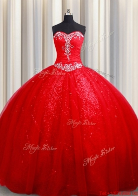 Latest Puffy Skirt Court Train Tulle and Sequins Quinceanera Dress in Red