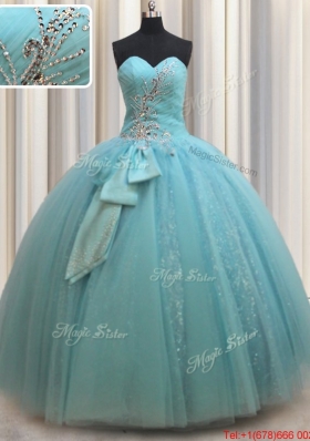 Most Popular Beaded and Bowknot Aquamarine Quinceanera Dress in Tulle and Sequins