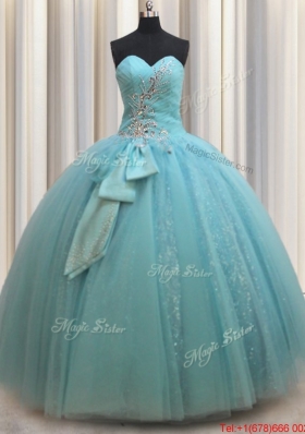 Most Popular Beaded and Bowknot Aquamarine Quinceanera Dress in Tulle and Sequins