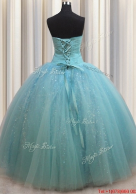 Most Popular Beaded and Bowknot Aquamarine Quinceanera Dress in Tulle and Sequins