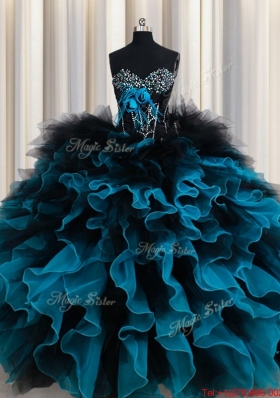 Perfect Organza and Tulle Black and Blue Quinceanera Dress with Ruffles and Beading