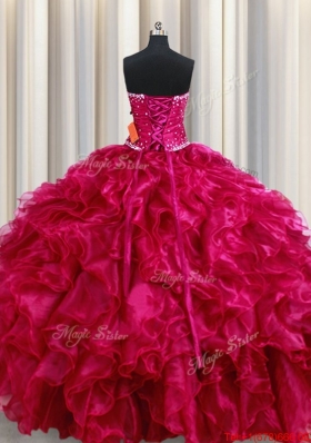 Perfect Strapless Organza Ruffled and Beaded Quinceanera Dress in Fuchsia