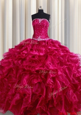 Perfect Strapless Organza Ruffled and Beaded Quinceanera Dress in Fuchsia